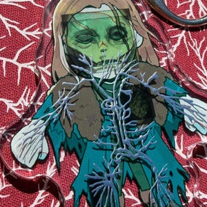 May include: A clear acrylic keychain with a zombie illustration. The zombie has green skin, brown hair, and teal clothing. White, branch-like details overlay the figure. A silver keyring is attached.