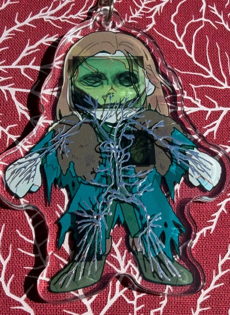 May include: A clear acrylic charm with a zombie illustration. The zombie has green skin, brown hair, and teal clothing. Silver vein-like details overlay the design. The charm is on a red background with white branch patterns.