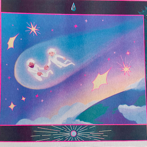 May include: A vibrant illustration shows two figures in white suits amidst a blue and purple cosmic backdrop. Stars and a comet-like trail surround them. The artwork has a pink border and features stylized figures on the sides.