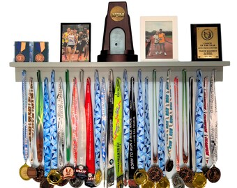 Gray Medal Hanger Display Shelf: Poplar Wood Trophy Rack (36")