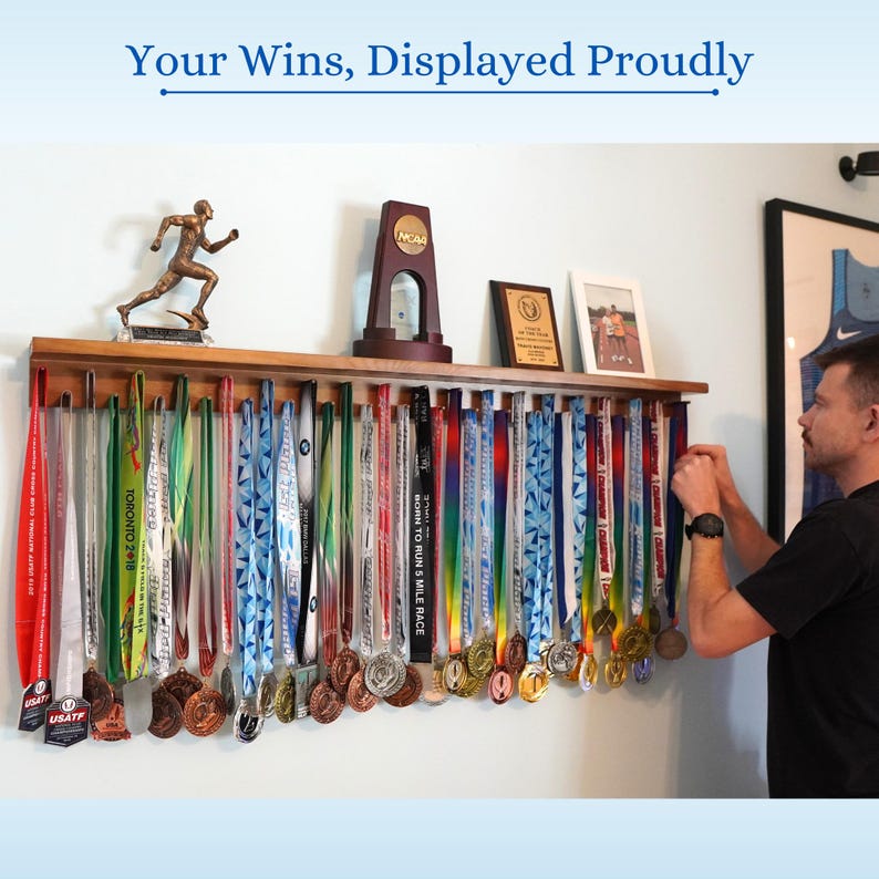 Solid Wood Medal Hanger & Trophy Shelf: Patented Sports Award Display immagine 10