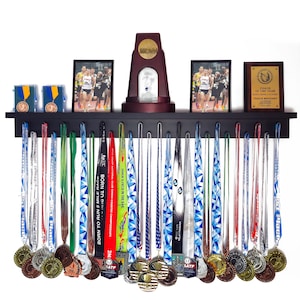 Patented Medal Display and Trophy Display Shelf- Perfect Gift for All Athletes. Medals, Ribbons, Trophies, Plaques, and More.