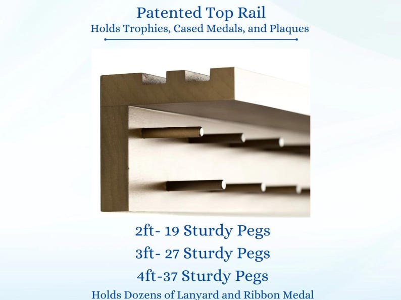 May include: A wooden display shelf with a patented top rail, designed to hold trophies, medals, and plaques. It features sturdy pegs for displaying lanyards and ribbon medals. Available in 2ft, 3ft, and 4ft lengths with varying peg counts.