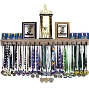 Medal Awards Rack Ultimate Medal Hanger Display and Trophy Shelf - Multi-Purpose Trophy and Medal Holder,  Solid Wood  and Patented Display