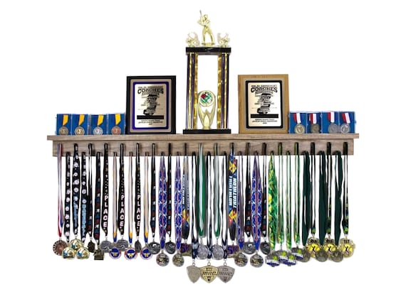 Solid Wood Medal Hanger & Trophy Shelf: Patented Sports Award Display