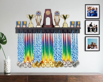 Patented Medal Display and Trophy Display Shelf- Perfect Gift for All Athletes. Medals, Ribbons, Trophies, Plaques, and More.