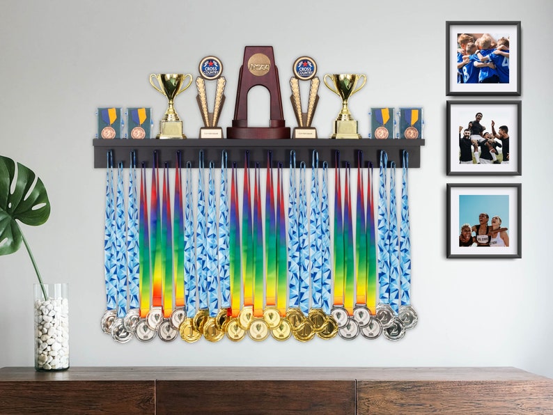 Patented Medal Display and Trophy Display Shelf Perfect Gift for All Athletes. Medals, Ribbons, Trophies, Plaques, and More. image 1