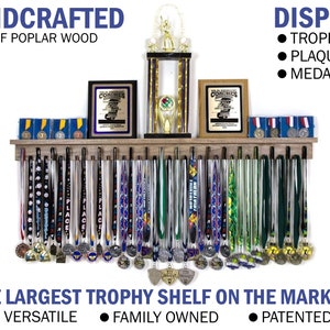 Medal Awards Rack- 24 / 36 / 46.5 inch Medal Hanger and Trophy Shelf- The Perfect Medal Display for All Sports. Patented Wood Shelf