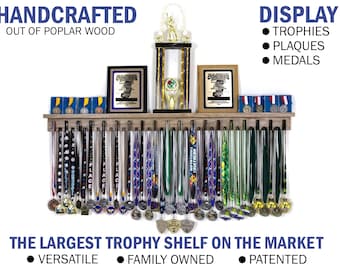 Medal Awards Rack- 24 / 36 / 46.5 inch Medal Hanger and Trophy Shelf- The Perfect Medal Display for All Sports. Patented Wood Shelf