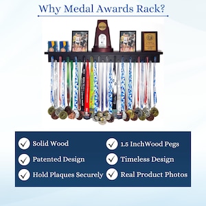 May include: A black wooden medal display rack with multiple medals hanging from it. The rack holds photos, a trophy, and a plaque. Text at the top says "Why Medal Awards Rack?" and below it lists features like "Solid Wood" and "Patented Design."