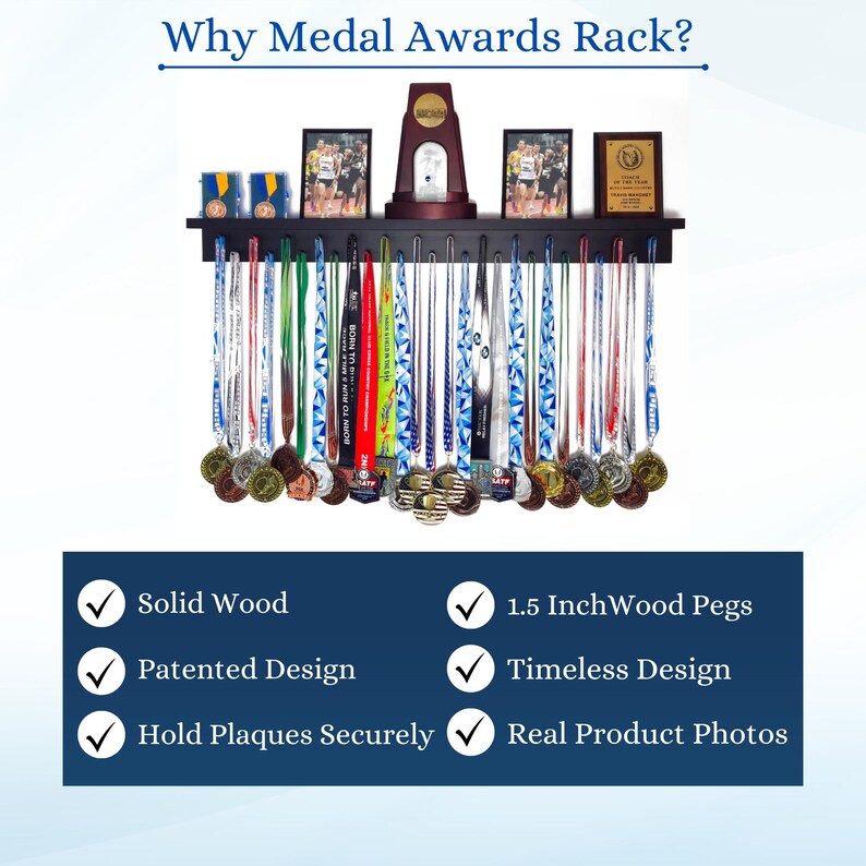 May include: A black wooden medal display rack with multiple medals hanging from it. The rack holds photos, a trophy, and a plaque. Text at the top says "Why Medal Awards Rack?" and below it lists features like "Solid Wood" and "Patented Design."