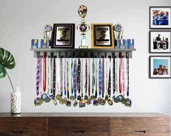 Medal Awards Rack- USA Medal Holder and Trophy Shelf- 24/36/46.5 inch Display Shelf for Sports Medal Display. Perfect Kids Sports Gift.