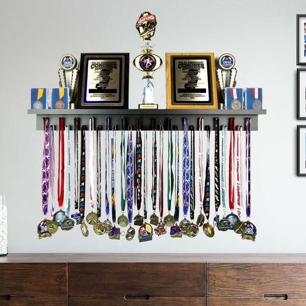 Medal Awards Rack- USA Medal Holder and Trophy Shelf- 24/36/46.5 inch Display Shelf for Sports Medal Display. Perfect Kids Sports Gift.