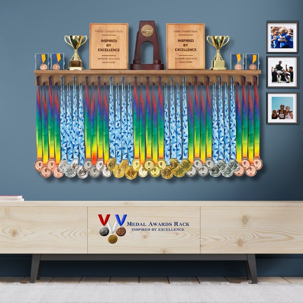 Medal Awards Rack- The Largest Medal Hanger Display- 4ft- The Ultimate Sports Medal Display and Trophy Shelf- All in 1 Display Shelf