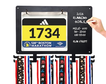 Medal Awards Rack Race Bib and Race Medal Hanger with Chalkboard, Medal Hanger Display For Runner-  Race Bib and Medal Holder