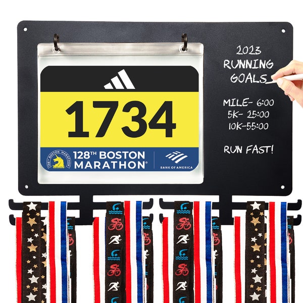 Medal Awards Rack Race Bib and Race Medal Hanger with Chalkboard, Medal Hanger Display For Runner-  Race Bib and Medal Holder