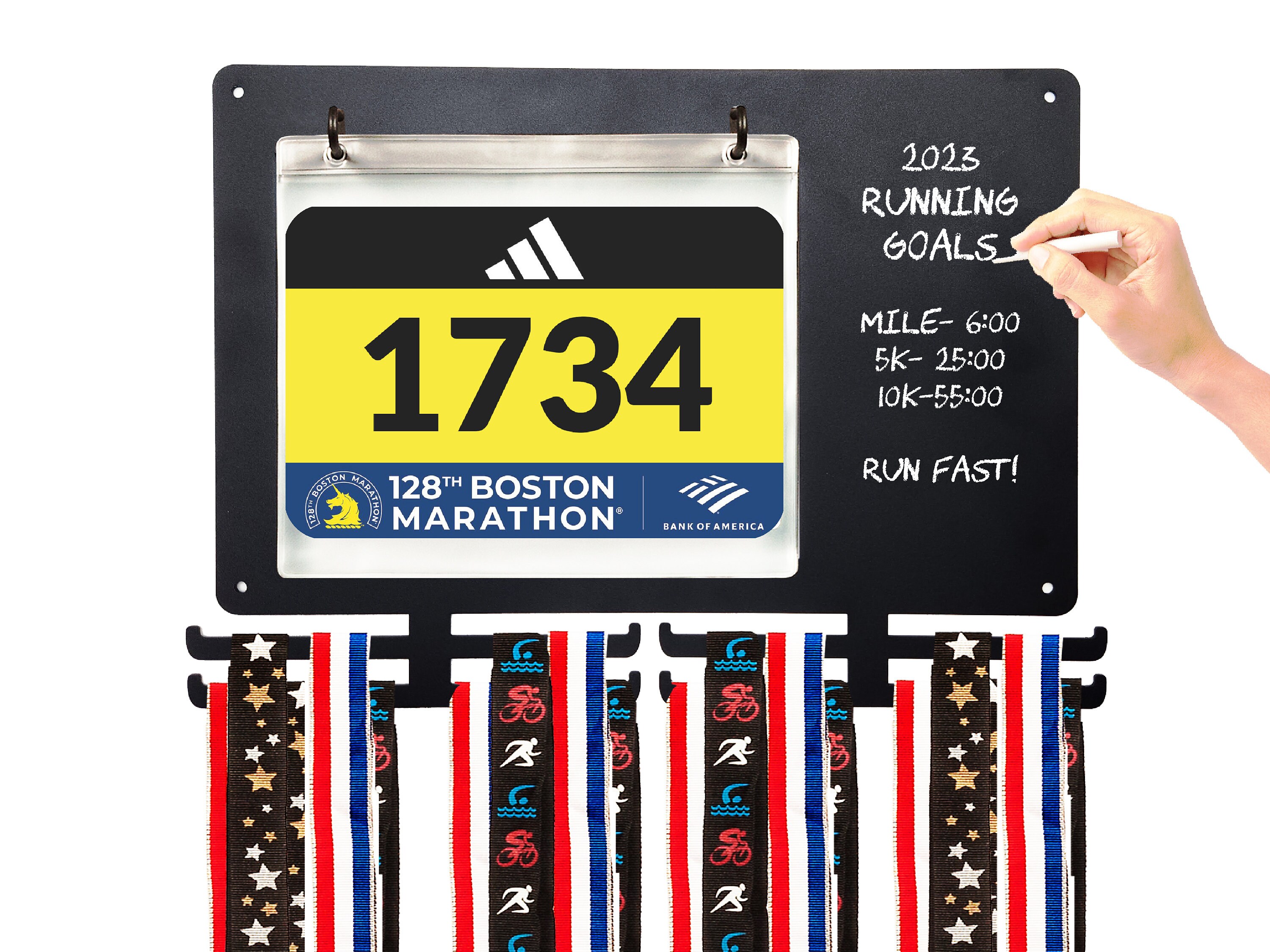 Medal Awards Rack Race Bib and Race Medal Hanger with Chalkboard, Medal Hanger Display For Runner-  Race Bib and Medal Holder