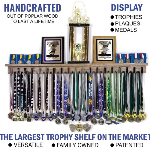 & Qktxktzy Premium Wooden Medal Hangers with 18" Trophy Shelves Organize Medals 