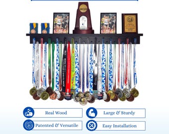 Patented Medal & Trophy Display Shelf: Solid Wood Athlete Award Rack