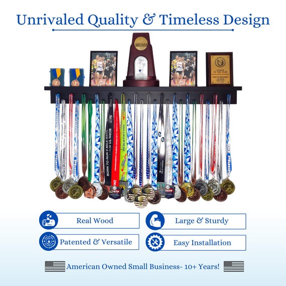 Patented Medal & Trophy Display Shelf: Solid Wood Athlete Award Rack
