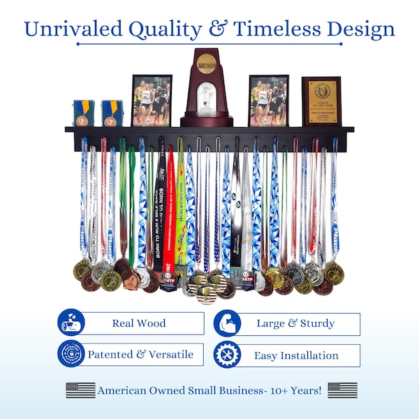 Patented Medal & Trophy Display Shelf: Solid Wood Athlete Award Rack