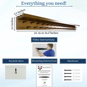 May include: A wooden wall-mounted rack with multiple holes for storing items. The rack is available in 24, 36, or 46.5-inch lengths and is 3.5 inches high. The image includes instructions and hardware. The text reads "Everything you need!"