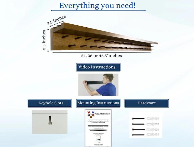 May include: A wooden wall-mounted rack with multiple holes for storing items. The rack is available in 24, 36, or 46.5-inch lengths and is 3.5 inches high. The image includes instructions and hardware. The text reads "Everything you need!"