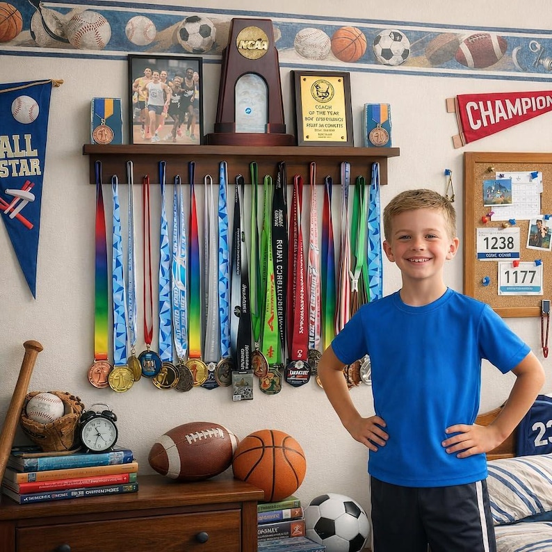 Solid Wood Medal Hanger & Trophy Shelf: Patented Sports Award Display immagine 2