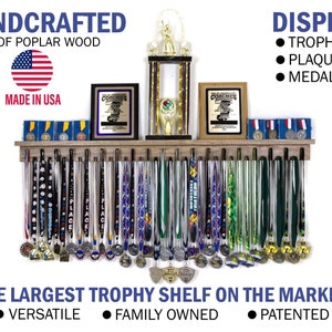 Medal Awards Rack- 24 / 36 / 46.5 inch USA Made Medal Hanger and Trophy Shelf- The Perfect Medal Display for All Sports. Patented Wood Shelf