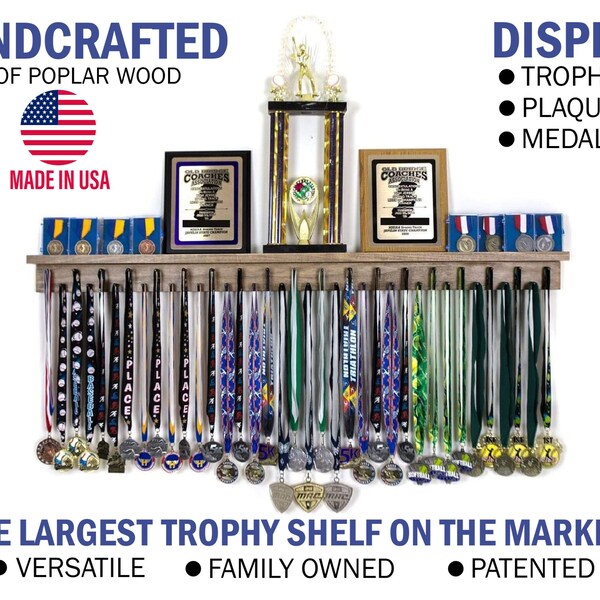 Medal Awards Rack- 24 / 36 / 46.5 inch USA Made Medal Hanger and Trophy Shelf- The Perfect Medal Display for All Sports. Patented Wood Shelf