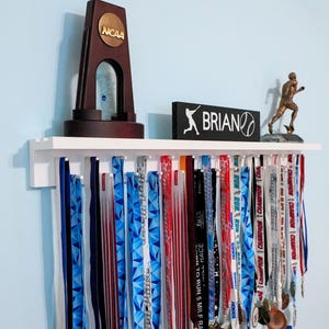Personalized Medal Awards Rack- 24 / 36 / 46.5 inch Medal Hanger and Trophy Shelf- The Perfect Medal Display for All Sports.