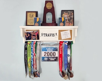 Medal Display Shelf: Trophy, Bib, Photo, Plaque & Lanyard Hanger