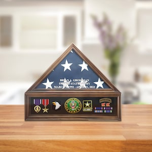 Personalized Flag and Display Case for Funeral Burial Flag, American Veterans Fits Folded 5x9.5’ Flag, Medal, Pins, and Patches.