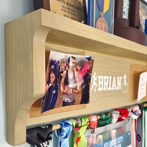 All-IN-1 Medal Award Display - 23" Trophy Shelf, Bib Hanger, Plaque, Picture, Race Photo and Lanyard Medals. Patented Groove Design
