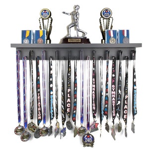 Medal Awards Rack- 24" Sports Medal Display- Hanger Display for Lanyard Medal and Patented Groove Trophy Shelf Holds All Sports Awards