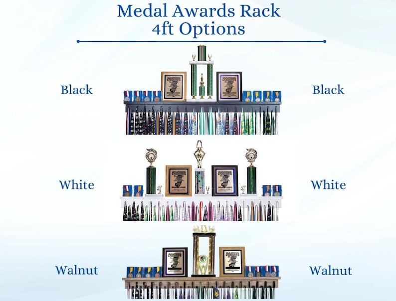 May include: A display rack for medals and awards, available in black, white, and walnut finishes. The rack features shelves for trophies, framed certificates, and medal display. The text on the image reads "Medal Awards Rack 4ft Options."