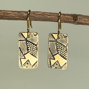 Pendientes colgantes rectangulares sencillos con diseño minimalista de cuadros geométricos, oro, regalo para mujer, joyería estampada para mamá, regalo único para ella.