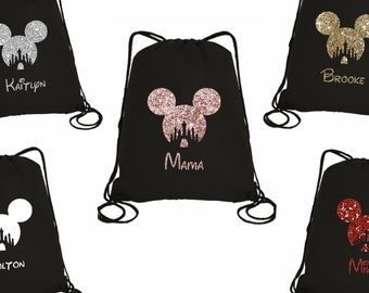 Disney Name Bag, Personalized Disney Matching, Disney Drawstring Backpack Name, Group Bags Disneyworld Disneyland Accessory Gift Glitter