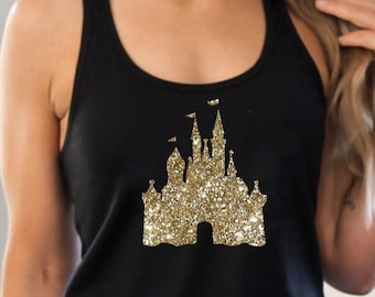Womens Disney Castle Glitter Tank Top, Racerback Shirt