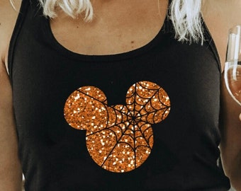 Disney Halloween Tank Tops, Family Shirts, Spooky Spider Mickey Tank, Autumn Fall Spooktacular Disney Tanks, Orange Glitter Holiday Shirts
