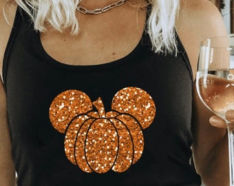 Disney Fall Glitter Pumpkin with Mickey Ears Thanksgiving Shirt - Womens Thanksgiving Fall Tee