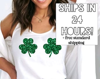 GLITTER St Patricks Day Womens Shirt Shamrock Tank Top, Sexy St Patricks Day Boob Shirt, Clover Irish St Pattys Day Green Gold Cute Tee