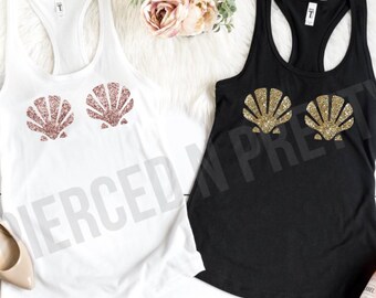 o GLITTER Girls Trip Mermaid Tank, Bachelorette Tanks, Beach Tee, Sea Shell Little Mermaid Shirt, Disney Seashell Matching Group Shirts