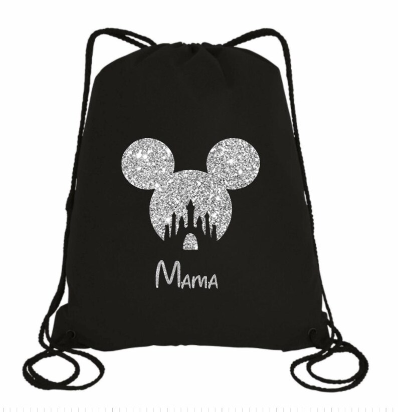 May include: Black drawstring bag with a silver glitter Mickey Mouse head and castle silhouette. The bag says "Mama" underneath the image.