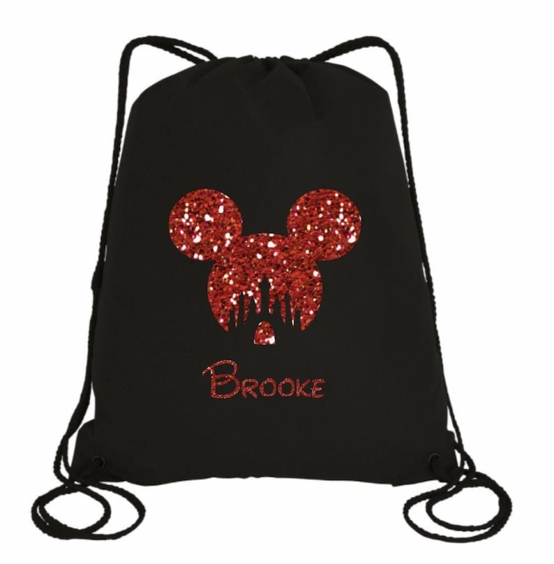 May include: Black drawstring bag with a red glitter Mickey Mouse head and the name "Brooke" in red glitter.