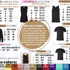 May include: Size guide for various tank tops, sweatshirts, and tees, including racerback, muscle, unisex, and youth styles. Measurements are in inches. Includes bust and length sizes for each garment, with a guide on how to measure for the best fit.