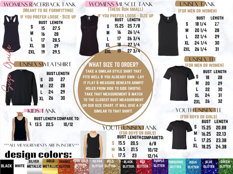 May include: Size guide for various tank tops, sweatshirts, and tees, including racerback, muscle, unisex, and youth styles. Measurements are in inches. Includes bust and length sizes for each garment, with a guide on how to measure for the best fit.