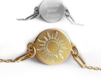 Zonnearmband met gravure, 925 zilver of verguld, gepersonaliseerd cadeau voor meisjes en jonge dames.