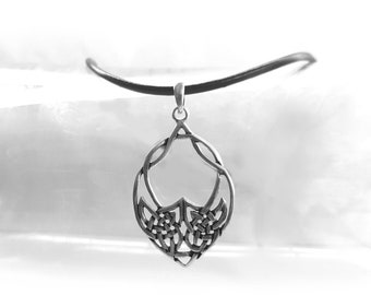 Celtic Leaf Necklace, 925 Silver Knot Pendant Charm with Leather Cord