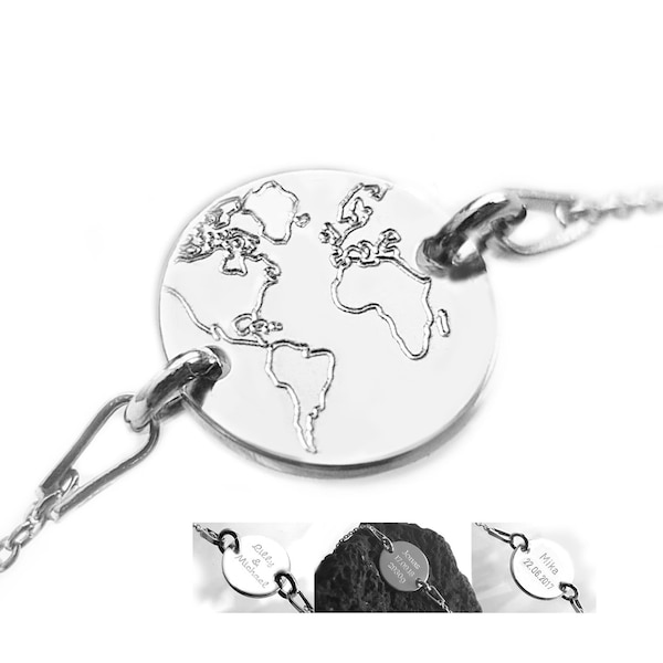 Wereldkaart armband met gravure, wereld, 925 zilver, globe, ronde graveerplaat, gewenste gravure (achterkant)